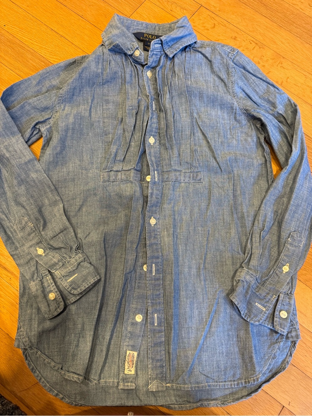 Polo Ralph Lauren Girls Chambray Button Front Shirt 12 Blue Pleated Long Sleeve